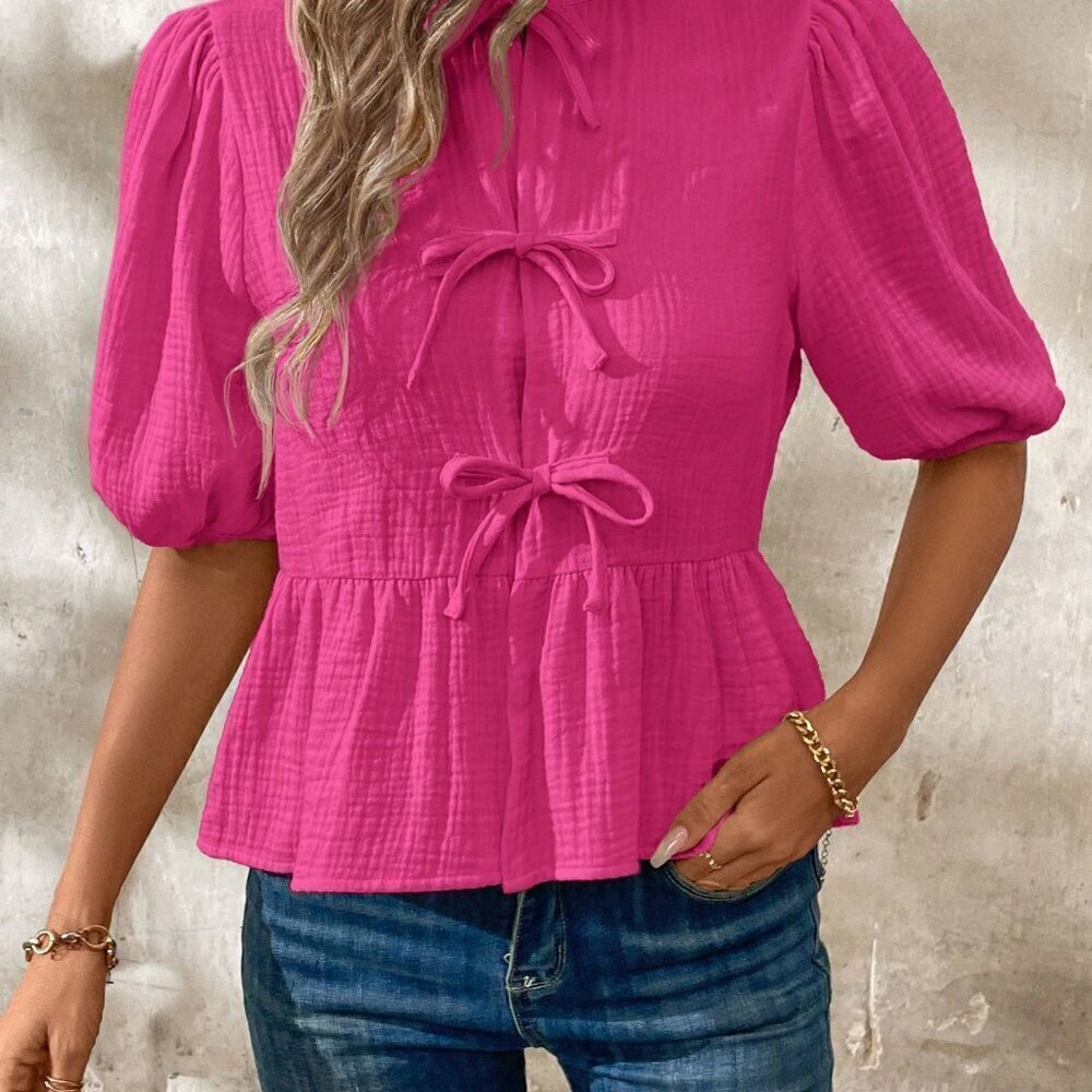 Hot Pink Cute Women's Tie Front Crop Top With Puff Sleeves & Ruffle Hem